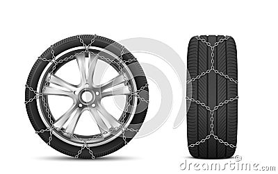 Car tires with snow chains for winter road vector Vector Illustration