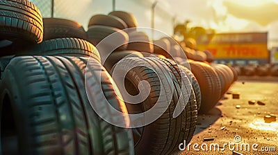 Car Tires Stacked in a Warehouse at Sunset. Generative ai Cartoon Illustration