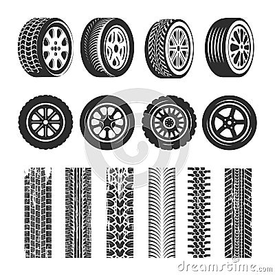 Car tires and track traces vector isolated icons of tire Vector Illustration