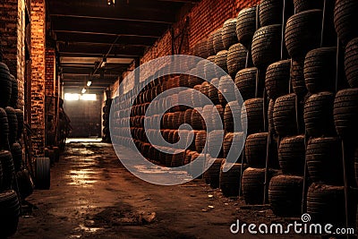 Car tires in the warehouse. Auto service industry. Industrial background, Car tires at warehouse, AI Generated Stock Photo