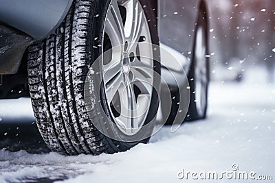 Car tires in winter on the road covered with snow. Generative AI Cartoon Illustration