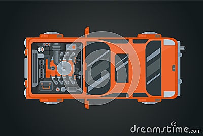 Car top view. Auto vehicle vector illustration. Automobile infographic. Open transportation engine. Vector Illustration