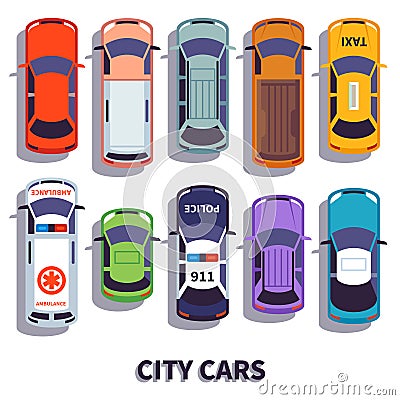 Car top view. City vehicle transport. Automobile cars for transportation, from above auto car vector isolated icons Vector Illustration