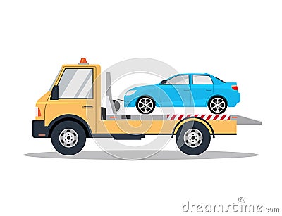 Car tow truck accident roadside assistance. Crash breakdown flatbed blue car recovery tow truck Vector Illustration