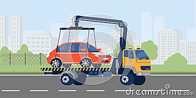 Car towing truck evacuating vehicle from highway, flat vector illustration. Vector Illustration