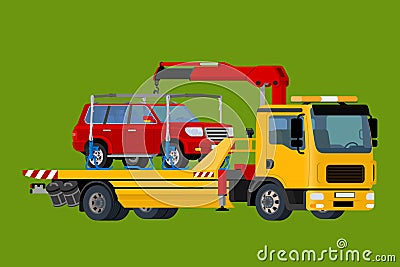 Car towing truck, evacuator Online, roadside assistance , Business and Service Concept, Flat 3d vector isometric Vector Illustration