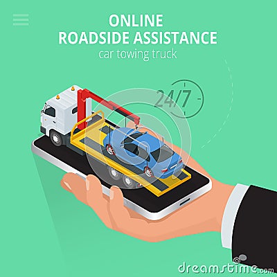 Car towing truck Online, evacuator Online, Online roadside assistance car towing truck, Business and Service Concept Vector Illustration