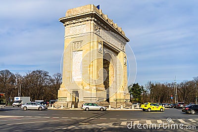 Car traffic, heavy city traffic at The Arch of Triumph junction Arcul de Triumf in Bucharest, Romania, 2020 Editorial Stock Photo