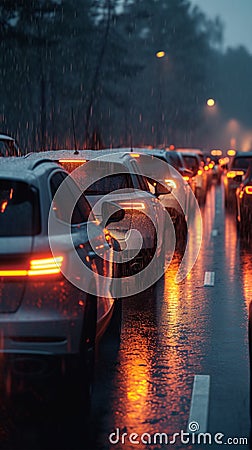 Car traffic jam, road congestion, rain and bad weather Stock Photo