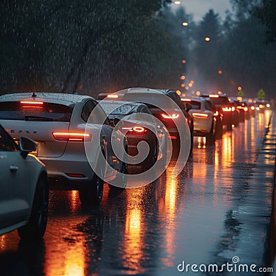 Car traffic jam, road congestion, rain and bad weather Stock Photo