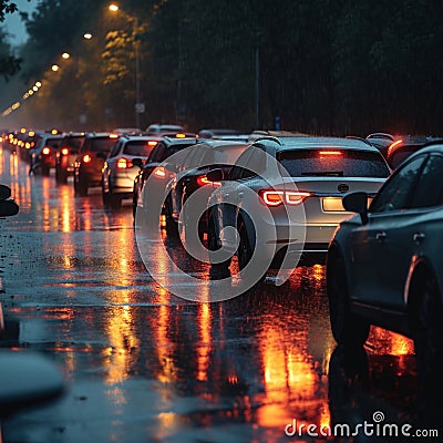 Car traffic jam, road congestion, rain and bad weather Stock Photo