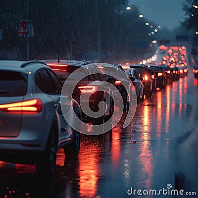 Car traffic jam, road congestion, rain and bad weather Stock Photo