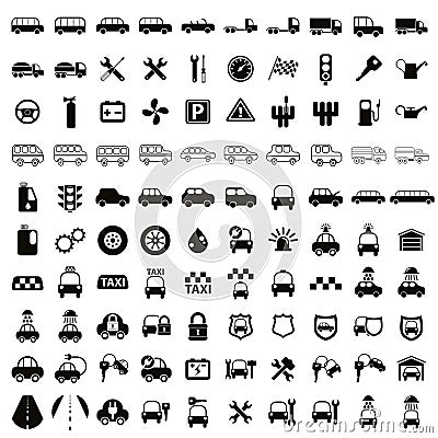 100 car and transport icons. Vector Illustration