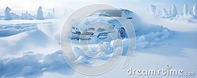 A car trapped in a deep snowdrift with tire tracks visible. Concept Winter Driving, Vehicle Stuck, Snow Disaster, Cold Weather Stock Photo
