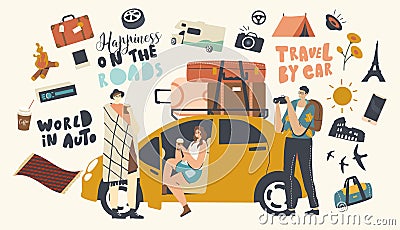 Car Travel Concept. Friends Company with Camping Stuff and Luggage Traveling by Automobile.Characters Enjoy Auto Tourism Vector Illustration