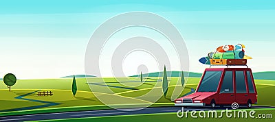 Car travel landscape. Summer trip background. Vector cartoon illustration. Vector Illustration