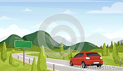 Car travel, road trip flat vector illustration. Minivan on highway and empty, blank traffic sign. Scenic landscape Vector Illustration