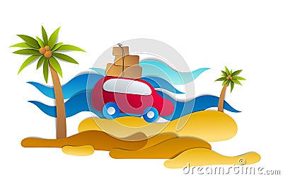Car travel and tourism, red minivan with luggage riding sea shore with waves, paper cut vector illustration of auto in scenic Vector Illustration
