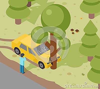 Car tree crash Vector Illustration