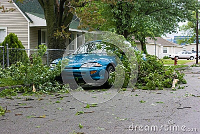 Car and Tree Limbs Storm Damage Stock Photo