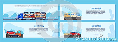 Car truck trailer vector illustration set, cartoon flat auto transportation banner collection with different transport Vector Illustration