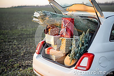 Car trunk full of gift boxes and Christmas tree Stock Photo