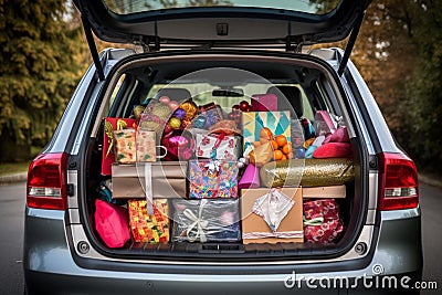 Many boxes in bright packaging and ribbons. Car trunk full of holiday gifts. Concept: surprise, shopping on wheels. AI generated Stock Photo