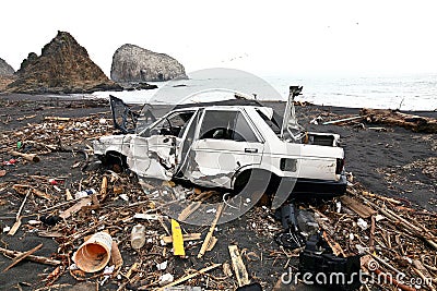 Destruction of Car after tsunami Editorial Stock Photo