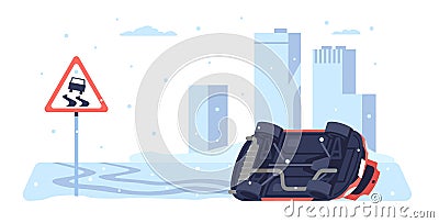 Car turns over on slippery road. Transport accident. Highway covered by snow. Ice-crusted automobile speedway. Auto Vector Illustration