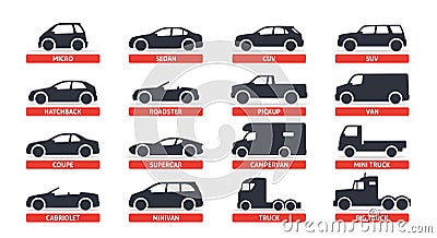 Car Type and Model Objects icons Set, automobile. Vector black illustration on white background with shadow. Variants of Vector Illustration