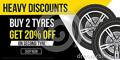 Car tyres promotion banner. Realistic tyres with promo text for flyers, banners etc. Vector sale banner illustration Vector Illustration