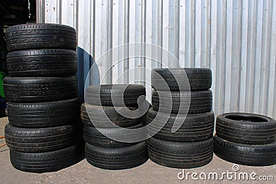 Car tyres stacked Stock Photo
