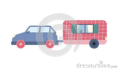 Car with van, vehicle with trailer for campers travel at summer vacation. Vector Illustration