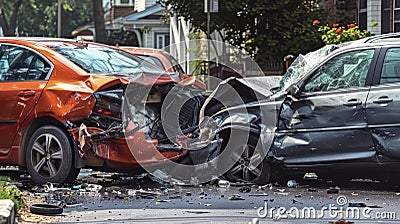 A Car Veers Off Course, Striking a Parked Car on an Otherwise Peaceful Neighborhood Street Stock Photo