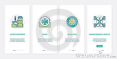 Car vehicle parts, automotive repair service UX, UI onboarding mobile app page screen set Vector Illustration