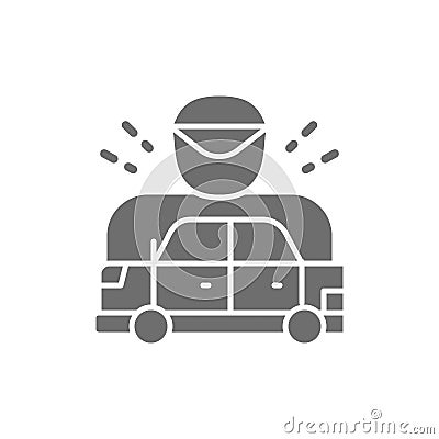 Car was stopped by policeman, racing car grey icon. Cartoon Illustration