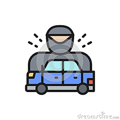 Car was stopped by policeman, racing car flat color line icon. Vector Illustration