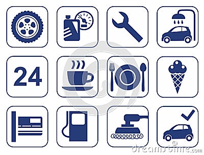 Car wash, auto repair, tire service, cafe, icons, monochrome, flat. Vector Illustration