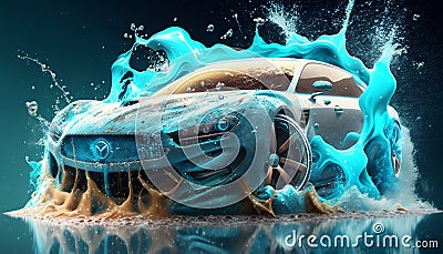 Car Wash Banner Auto Washing with Shampoo Foam Bubbles Illustration, Generative AI Stock Photo