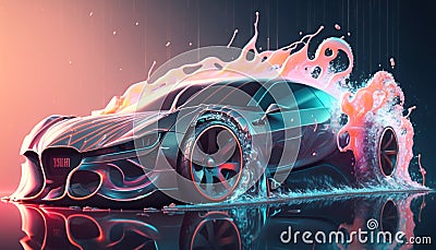 Car Wash Banner Auto Washing with Shampoo Foam Bubbles Illustration, Generative AI Stock Photo