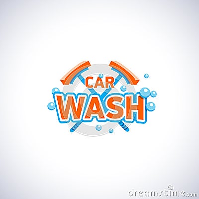 Car wash cartoon style emblem with bubbles and mop, vector logo template. Cleaning service company logotype. Vector Illustration