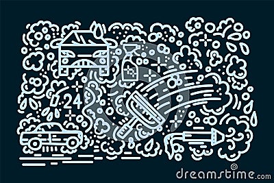 Car wash doodle pattern. Cartoon lines cleaning and cleaning of transport. The pattern for the auto washing service is a Vector Illustration