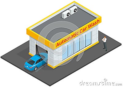 Car wash full automatic 24h service facilities with touchless equipment. Automatic Car Wash. Flat 3d vector isometric Vector Illustration