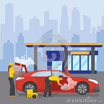 Car wash full service around the clock city station vector illustration flat. People workers man and woman in uniform Vector Illustration