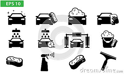 Car wash icon black vector flat design set icons washing machine Vector Illustration