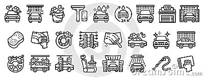 Car wash icons set, outline style Vector Illustration