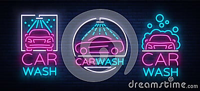 Car wash logo set vector design in neon style vector illustration . Template, concept, luminous signboard icon Vector Illustration