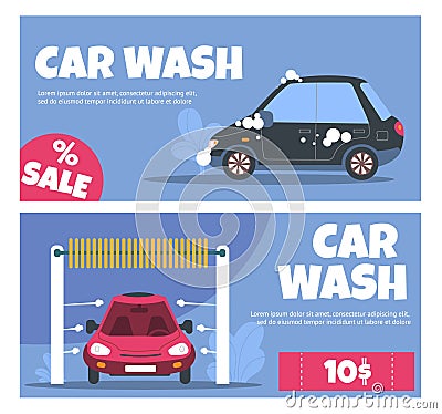 Car wash service banners. Horizontal posters with vehicles in foam. Self cleaning auto station. Transport means hygiene Vector Illustration