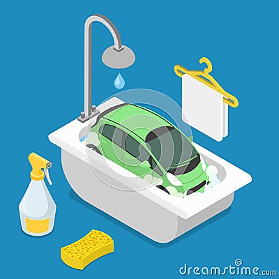 Car wash service. Car in bathroom bath bathing sho Vector Illustration