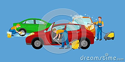 Car wash services, auto cleaning with water and soap Vector Illustration